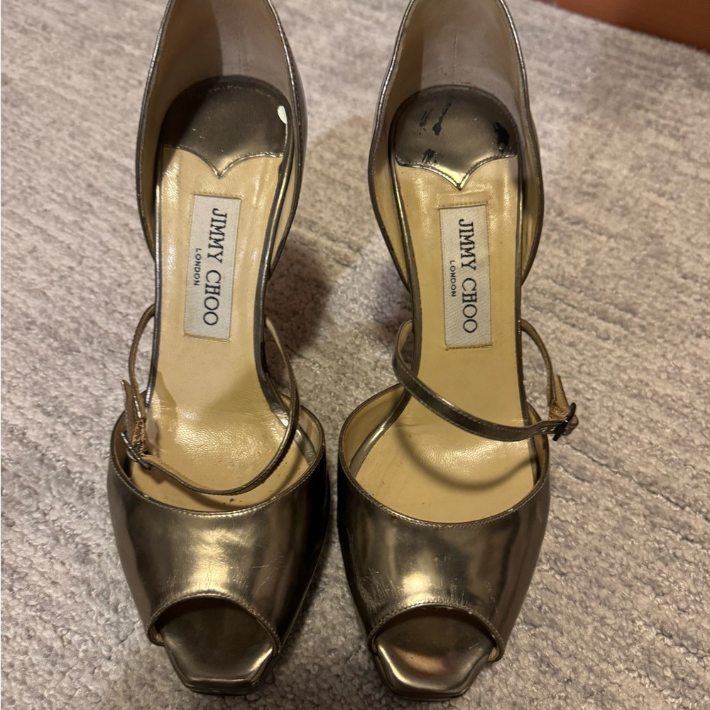 Jimmy Choo Metallic Peep Toe Heels